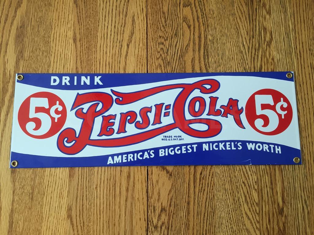 Original Vintage 5 Cents Double Dot Porcelain Pepsi Cola Sign